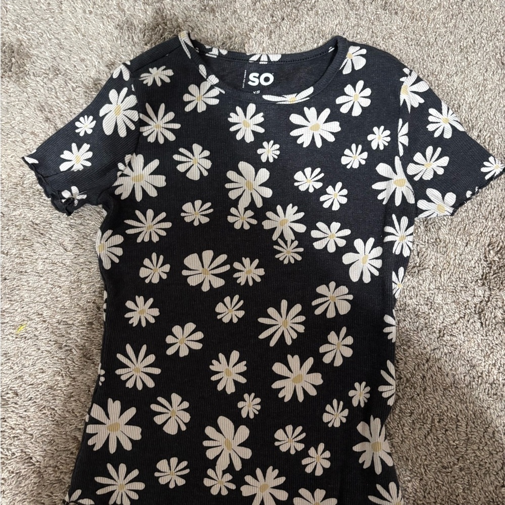 SO Black Tee with White Floral Design